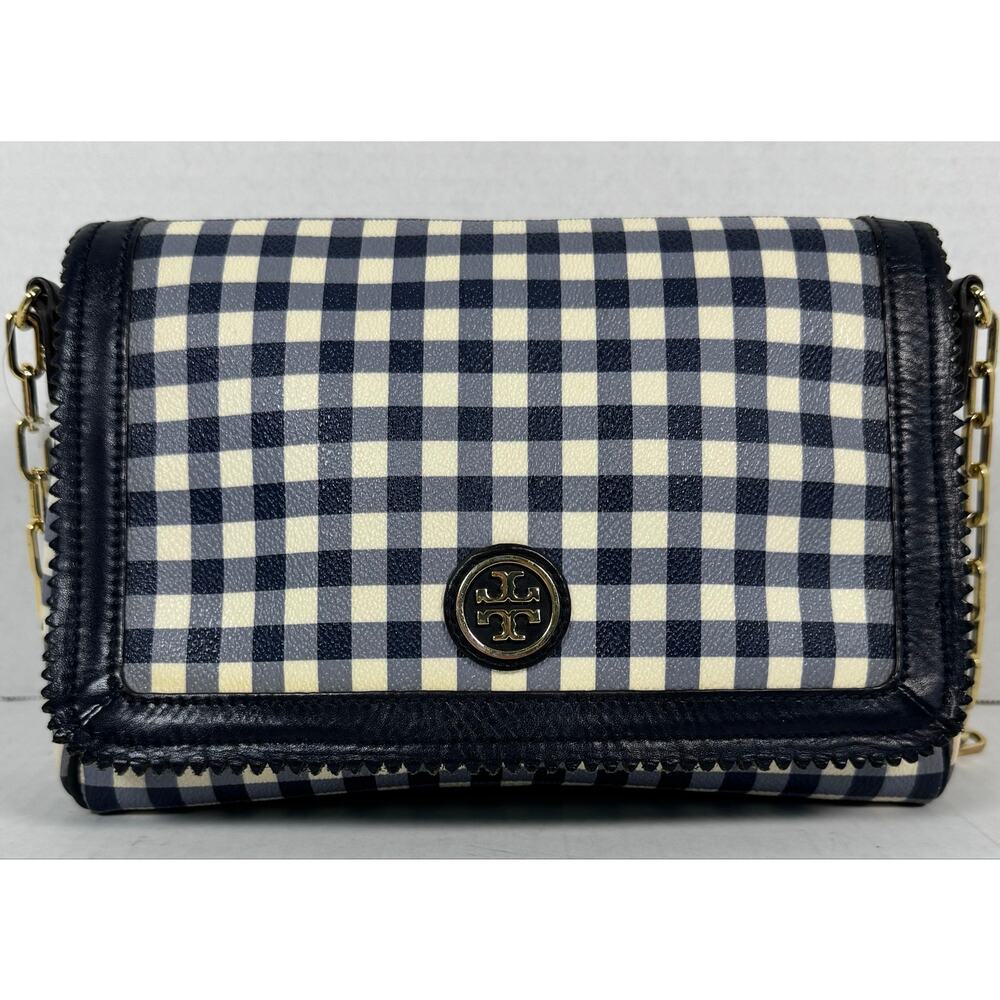 Tory Burch Navy White Gingham Chain Shoulder Crossbody Bag